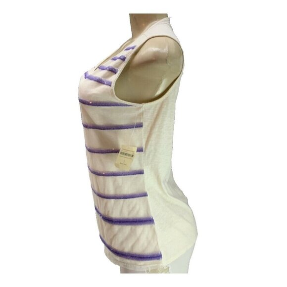 Coldwater Creek S Eggshell Mesh Purple Striped Sequin Scoop Neckline Tank Top - Picture 4 of 5